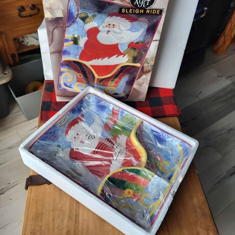 Vintage Christmas Santa Sleigh Ceramic Serving Platter Tray
